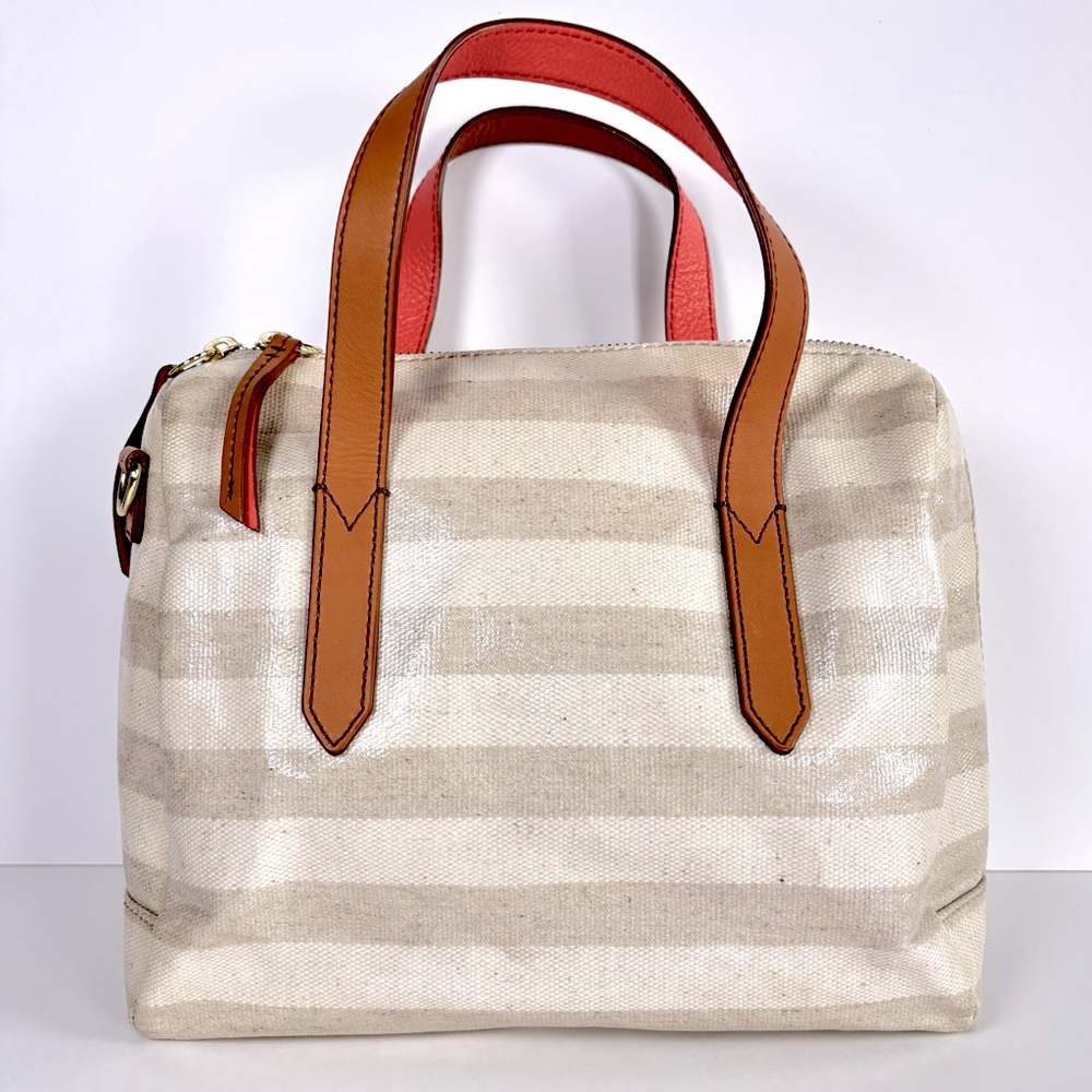 Fossil Sydney Satchel Crossbody Bag Neutral Stripe‎ Brown & Poppy Leather Straps